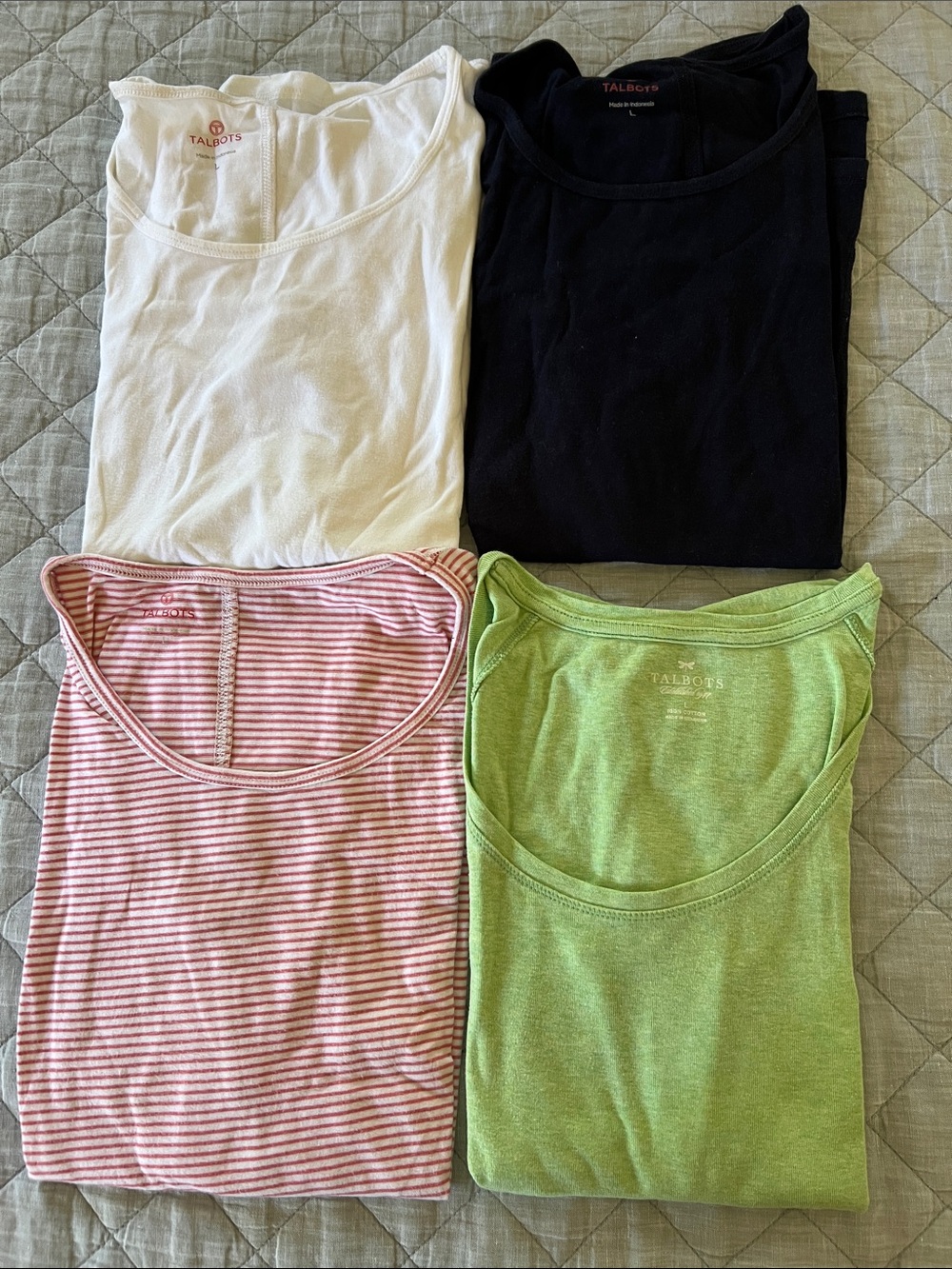 4 Talbots Scoop Neck Tees in White, Black, Pink Stripe & Green